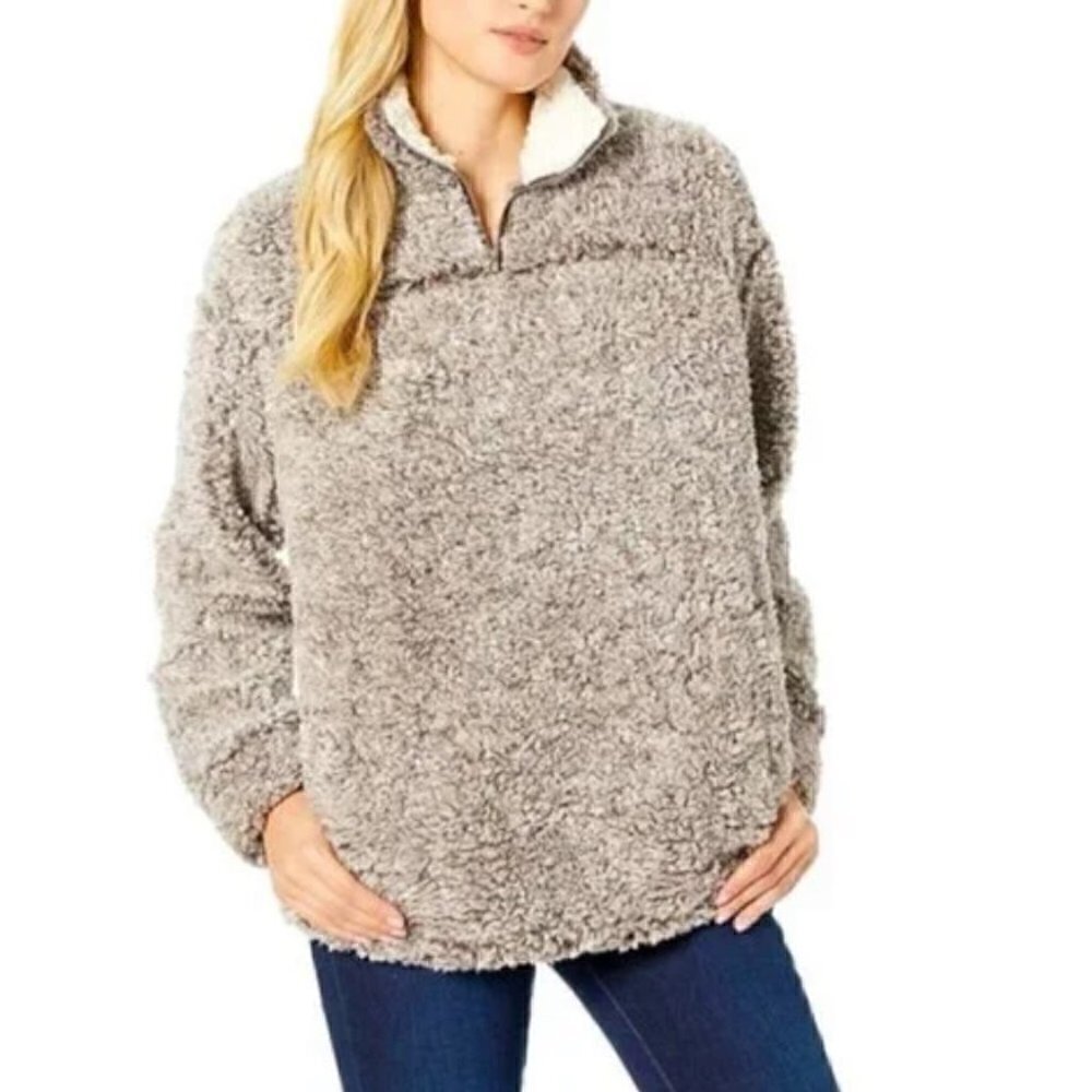 Grizzly Sherpa Fleece Pullover Jacket Brown Grey 1/4 Zip Up Mock Neck XL